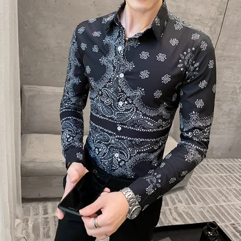 

Korean Men Floral Shirt 2020 Spring New Long Sleeve Mens Casual Shirts Slim Fit Streetwear Night Club Party Prom Blouse Men 3XL
