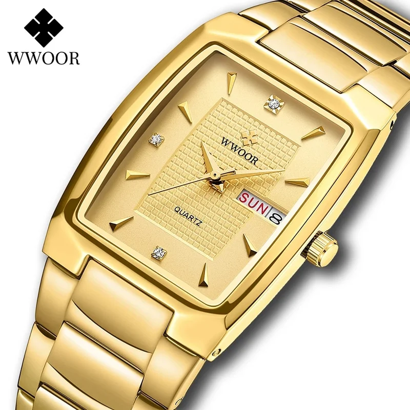 WWOOR-Montre carrée en acier inoxydable pour homme, montre-bracelet à quartz, date de la semaine automatique, or, luxe, nouveau, 2024