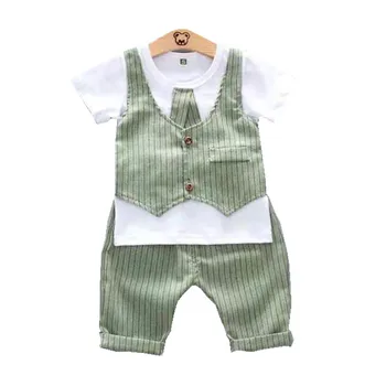 

2020 summer new kids suit boy clothes Casual Striped fake vest T-shirt + Shorts Set children's clothing