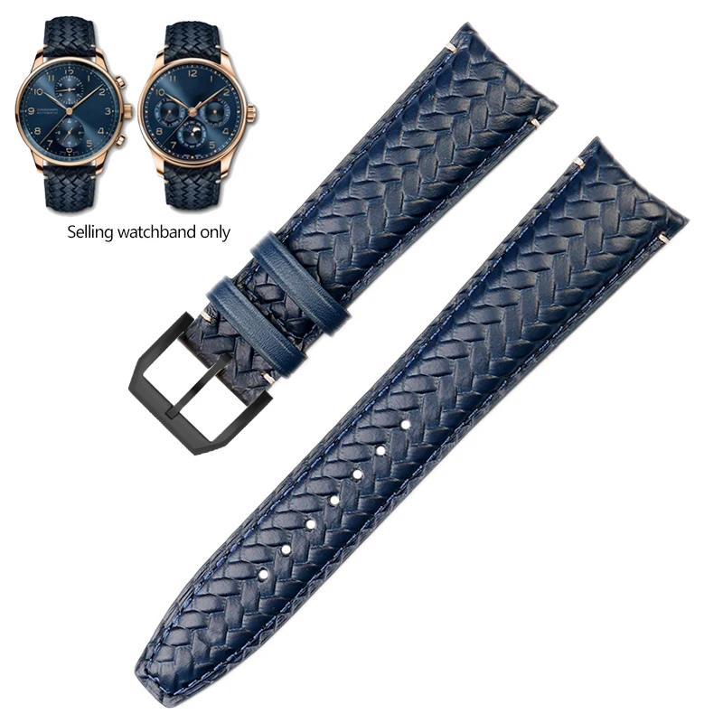 thumbnail image 1 of Correa de reloj de piel de vaca tejida para cronógrafo portugués IWC IW344205, correa de hebilla plegable Portofino de 22 mm, color azul y negro, 1 of 5