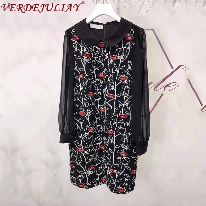 VERDEJULIAY Весна новые офисные женские платья а-силуэта женская элегантная Кукла Воротник Роскошные губы вышивка Подиум цветочный мини платье