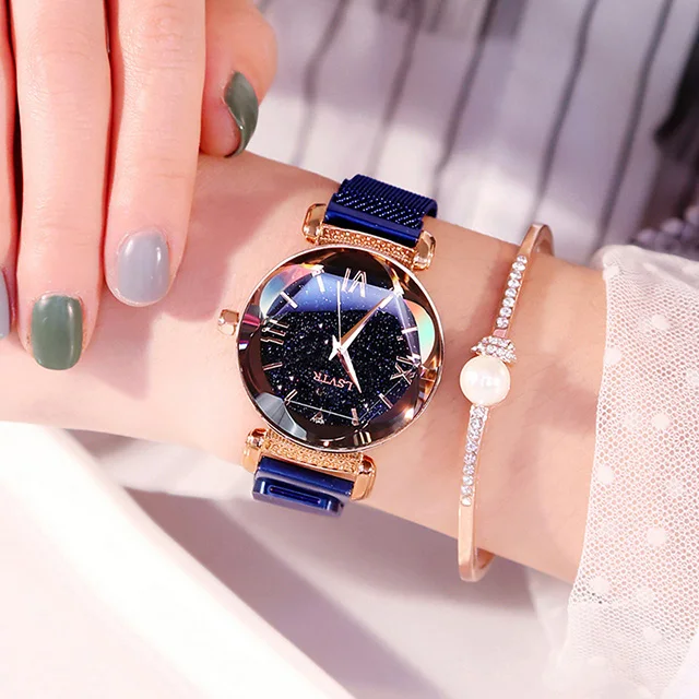 Blue Luxury Women Watches Fashion Elegant Magnet Buckle Vibrato Purple Ladies Wristwatch New Starry Sky Roman Numeral Gift Clock - Color: Blue