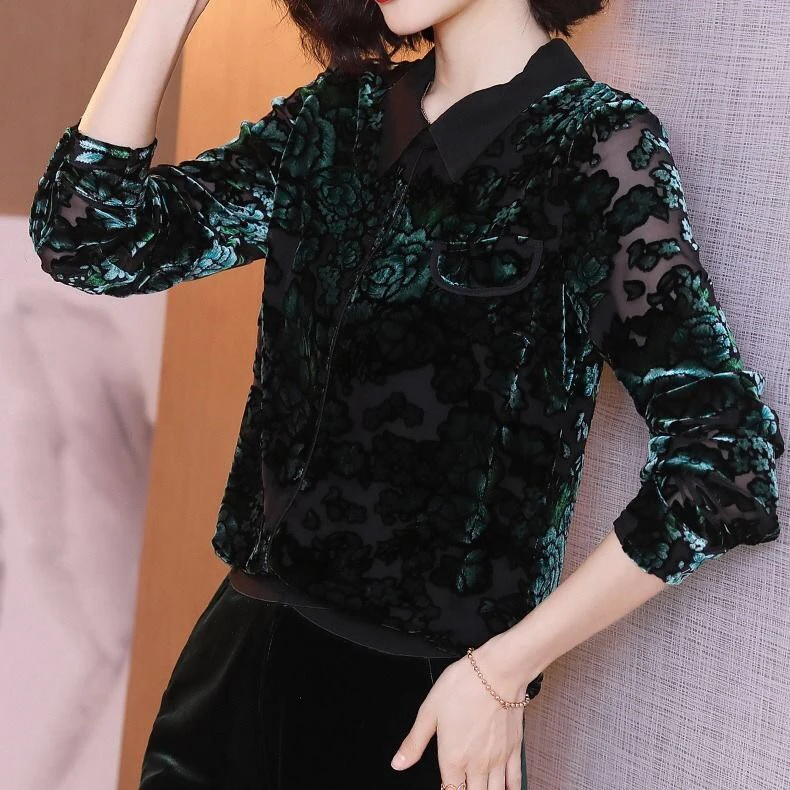Fall Fashion Womens Green Velvet Floral 