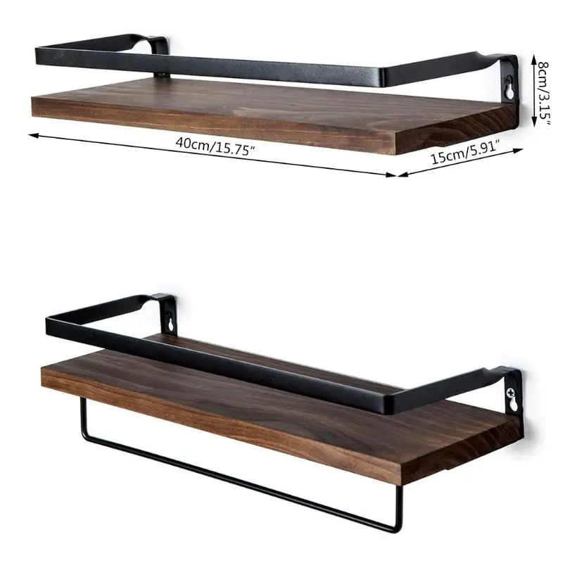 

2Pcs Rustic Wood Floating Shelves Dampproof Wall Mounted Storage Towel Holders For Kitchen Bathroom Decoration