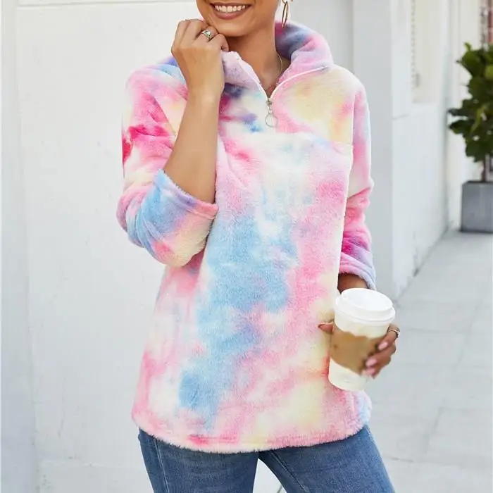 Пушистые толстовки на молнии с принтом Tie Dye радужные флисовые отворотами женские