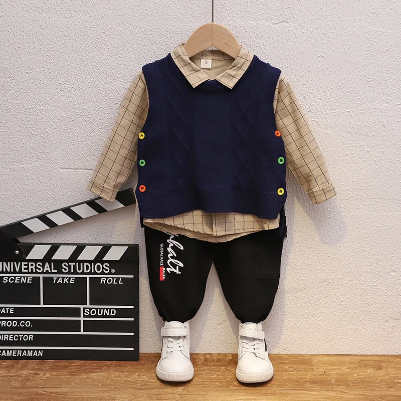 

Spring And Autumn BOY'S Baby New Style Spring Linen Flower Color Knot Sweater Waistcoat Plaid Fold-down Collar Shirt Black And W