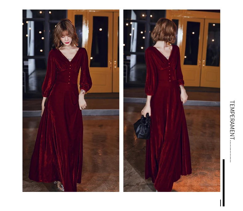 AE596 Robe De Soiree бургундское сексуальное велюровое вечернее платье для женщин ТРАПЕЦИЕВИДНОЕ с v-образным вырезом элегантное официальное вечернее платье