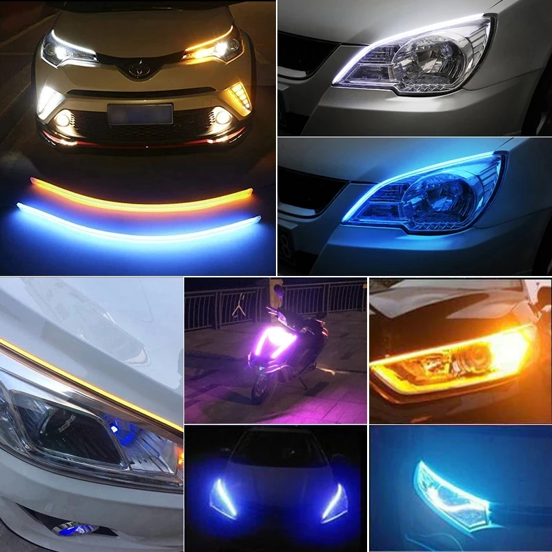 2pcs LED DRL Car Daytime Running Light Flexible Waterproof Strip Auto Headlights White Turn Signal Yellow Brake Flow Lights 12V