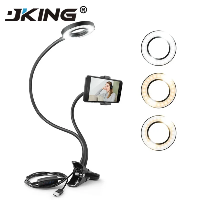 

JKING 2-in-1 Cell Phone Holder with LED Selfie Ring Light for Live Stream Phone Clip Holder Adjustable Desk Lamp Makeup Light