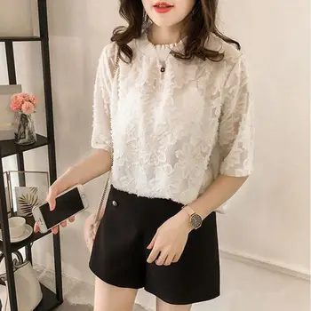 

Elegant Floral Lace Blouse Shirt Women Round Neck Short Sleeve White Blouse Spring Summer Hollow Out Tops Blouse Blusas Femme