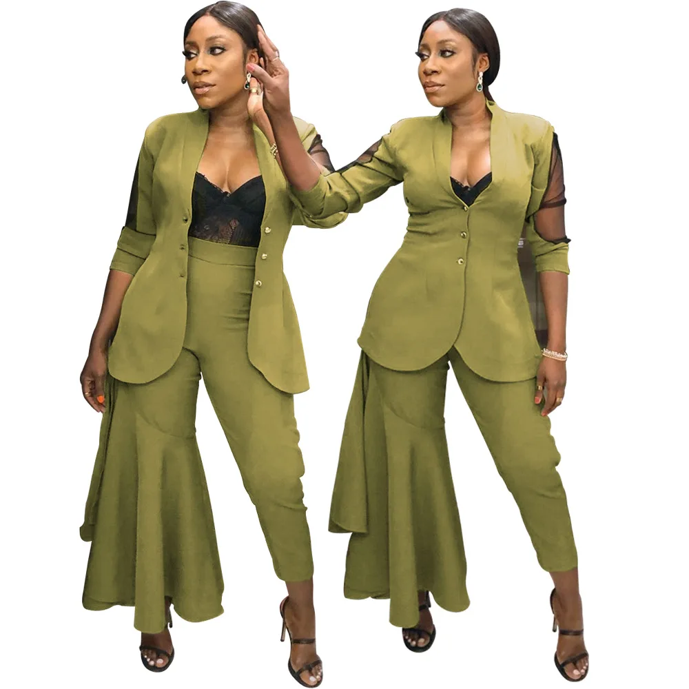 

Newest Green Women Blazer Coat Pants Sets Two Pieces Fashion One Ruffles Flare Leg Long Sleeve Mesh Patchwork Office Lady Party
