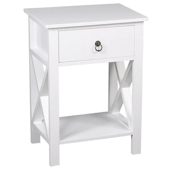 

Side Intersection Style Bedside Table Coffee Table Nightstand with Two-layer Drawer White