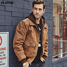 FLAVOR New Men's Genuine Leather Bomber Jackets Removable Hood Men Air Forca Aviator winter coat Men Warm Real Leather Jacket