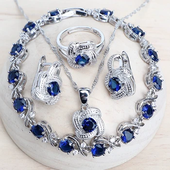 

Blue Zirconia Women Jewelry Sets 925 Sterling Silver Wedding Bridal Costume Jewellery Earrings Rings Bracelets Pendant Necklace