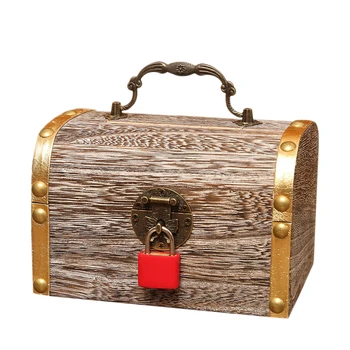 

Money Lock Wooden Case Exquisite Storage Box Treasure Jewelry Vintage with Keys Piggy Bank Organizer
