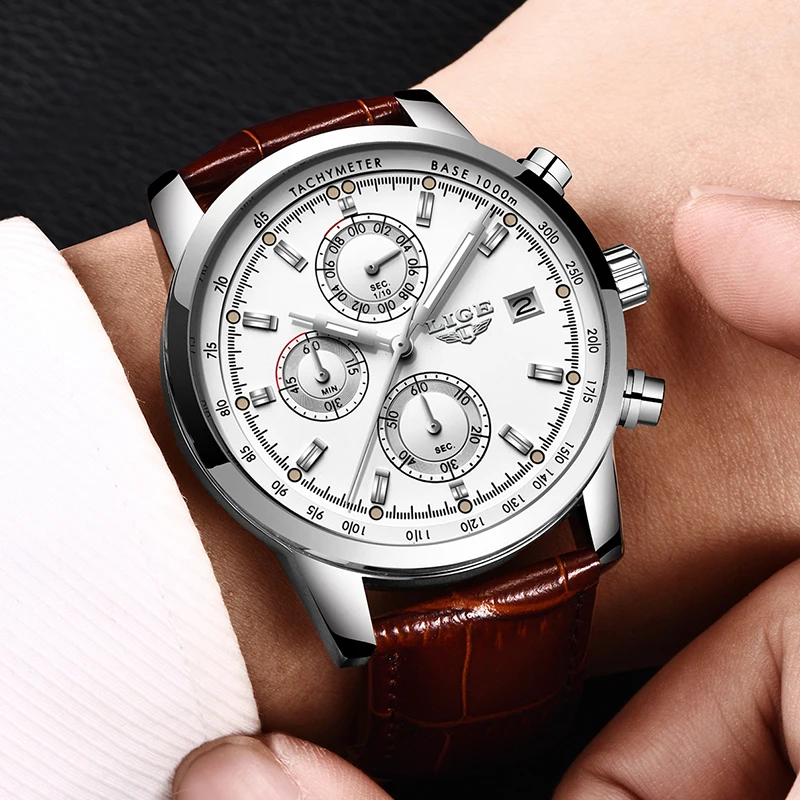 Relojes Hombre LIGE, повседневные кожаные модные серебристые кварцевые часы, мужские военные водонепроницаемые часы, мужские часы с большим циферблатом и хронографом