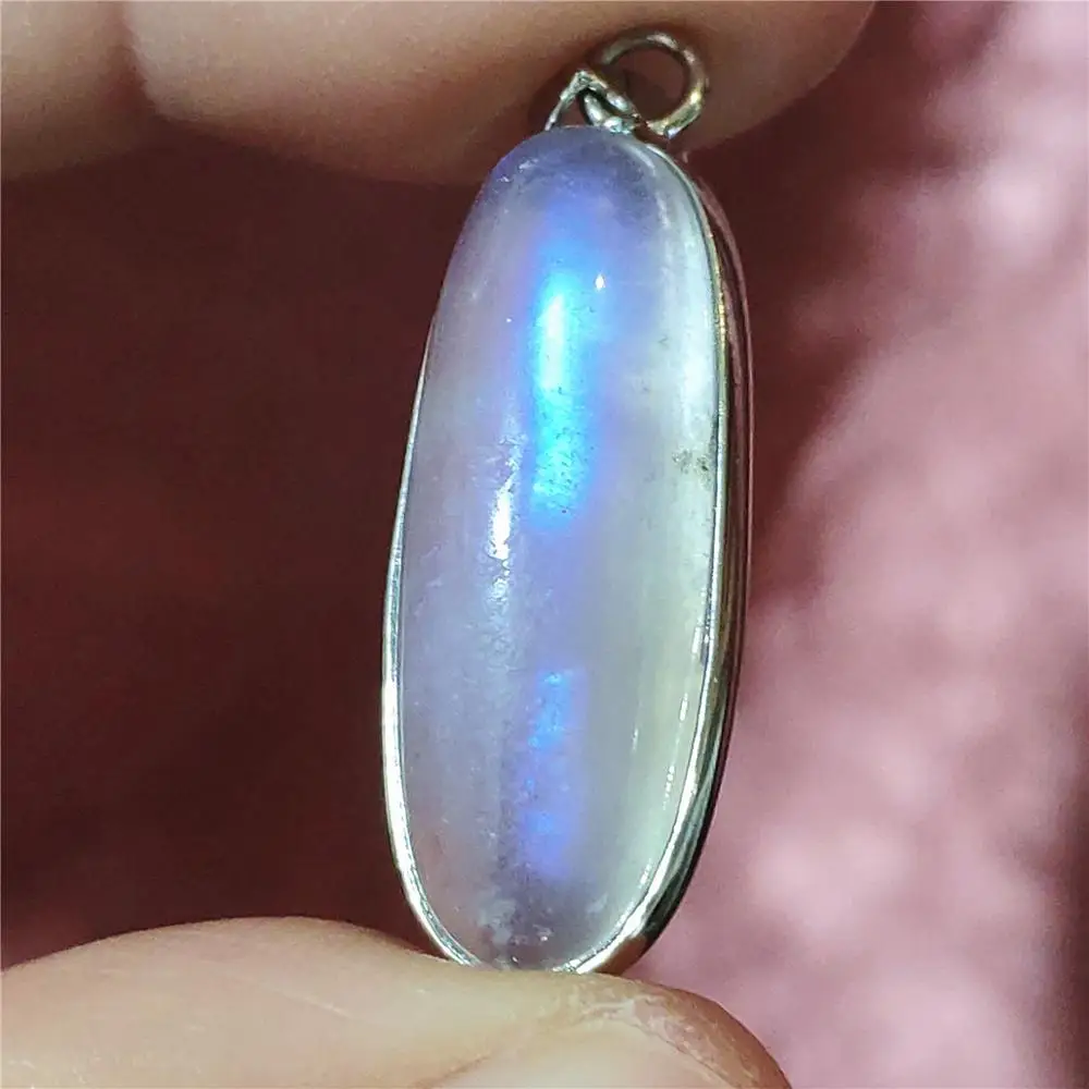 Pendant Necklace Silver Necklace Silver Pendant Natural Moonstone Blue Light Pendant Oval Beads Women Men Necklace 925 Silver Moonstone Pendant AAAAAA