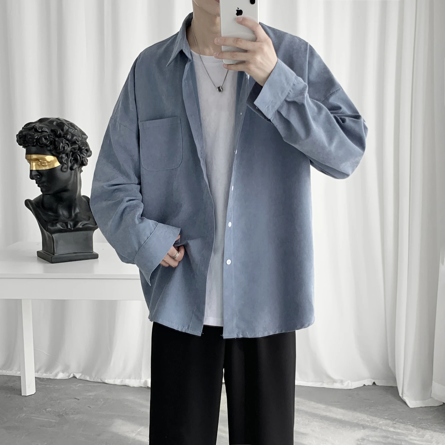 Мужские рубашки в Корейском стиле уличная модная Однотонная рубашка с длинными рукавами