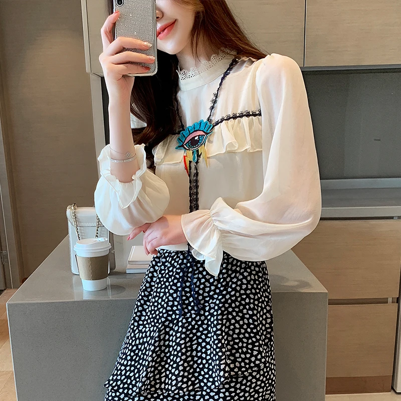 

COIGARSAM Office Lady blouse women New Spring Patchwork Chiffon Solid Loose blusas womens tops and blouses Apricot 1080