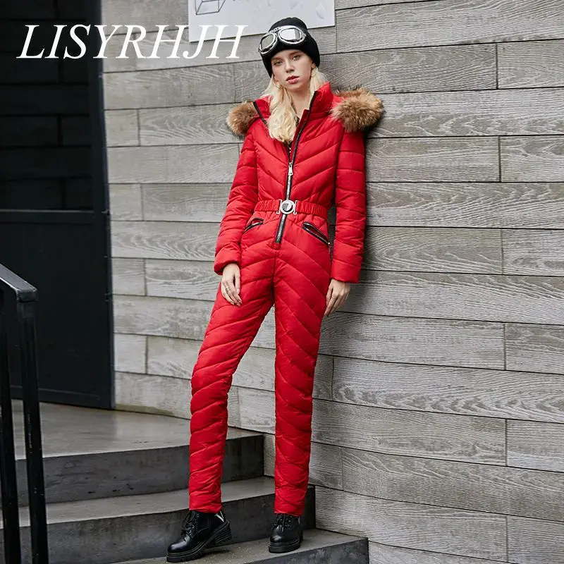 

LISYRHJH 2019 New Women's winter new parka fashion slim onesies coat hooded real fur collar coat warm snow jacket with belt