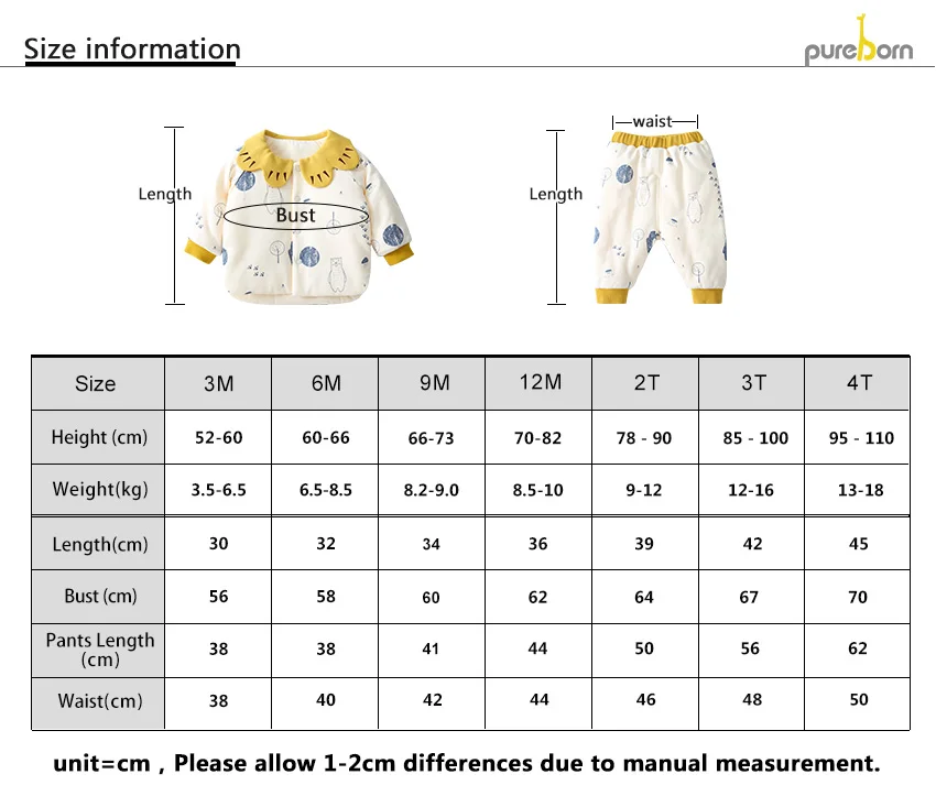 Pureborn/комплект одежды для новорожденных; пальто+ брюки; комплект из 2 предметов; воротник-лепесток; утепленная одежда с длинными рукавами; костюмы для маленьких мальчиков и девочек; сезон весна-Зима