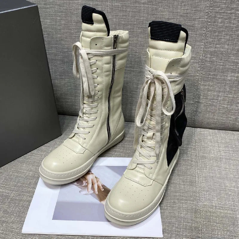 Women Motorcycle Leather Boots Men Luxury Mid-Calf Winter Riding Boots Shoes Casual Zip Flats Black Real Leather Shoes Unisex