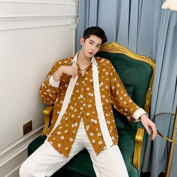

Stage Clothes Men Bow Tie Long Sleeve Vintage Casual Loose Shirts Japan Korea Style Male Flower Print Dress Shirts