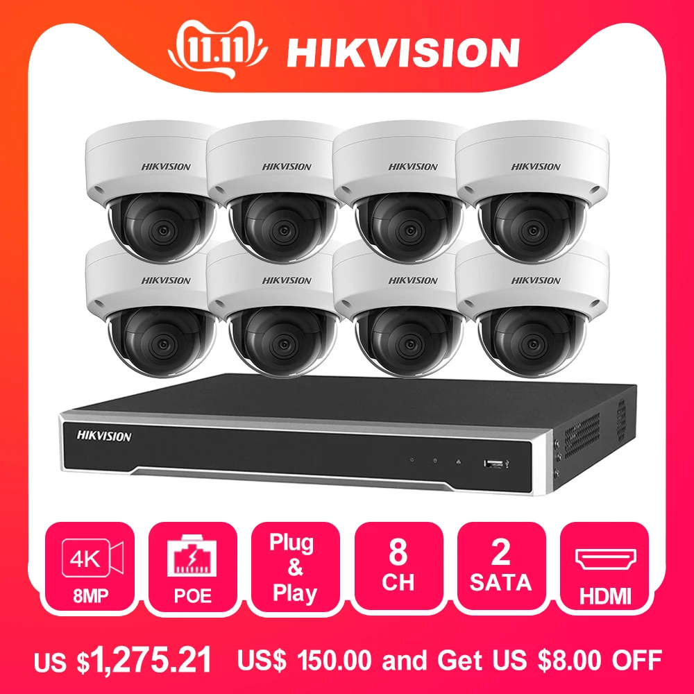 

Hikvision CCTV System 8MP Camera System 8 Channel PoE NVR & 4 PoE IP Cameras Dome Outdoor HD Video Surveillance Kit