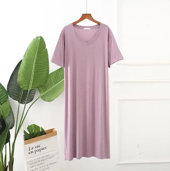 Ночное платье большого размера с коротким рукавом из модала, хлопковая ночная рубашка, женская ночная рубашка, ночная рубашка, Свободное длинное платье - Цвет: bean purple