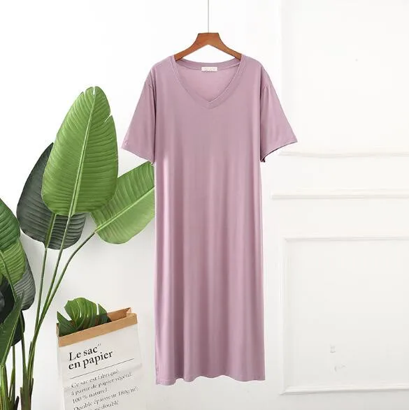 bean purple Ночное платье большого размера с коротким рукавом из модала, хлопковая ночная рубашка, женская ночная рубашка, ночная рубашка, Свободное длинное платье - Цвет: bean purple