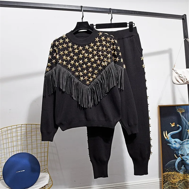 

Black Gray Knitted Tracksuit Women Outfits Fashion Chain Tassel Knit Sweater Pants Two Piece Set Female Loose Casual Knit Suit