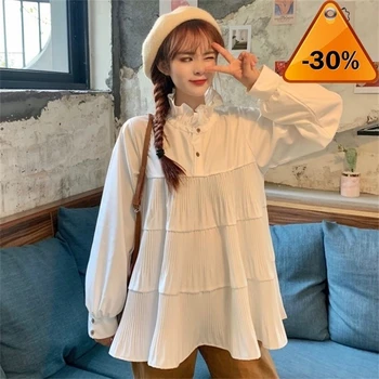 

Korean Solid Neploe Pleated Ruffle Doll Shirt Lace Up Stand Neck Women Blouse 2020 Spring Long Sleeve Pullover Top Blusas