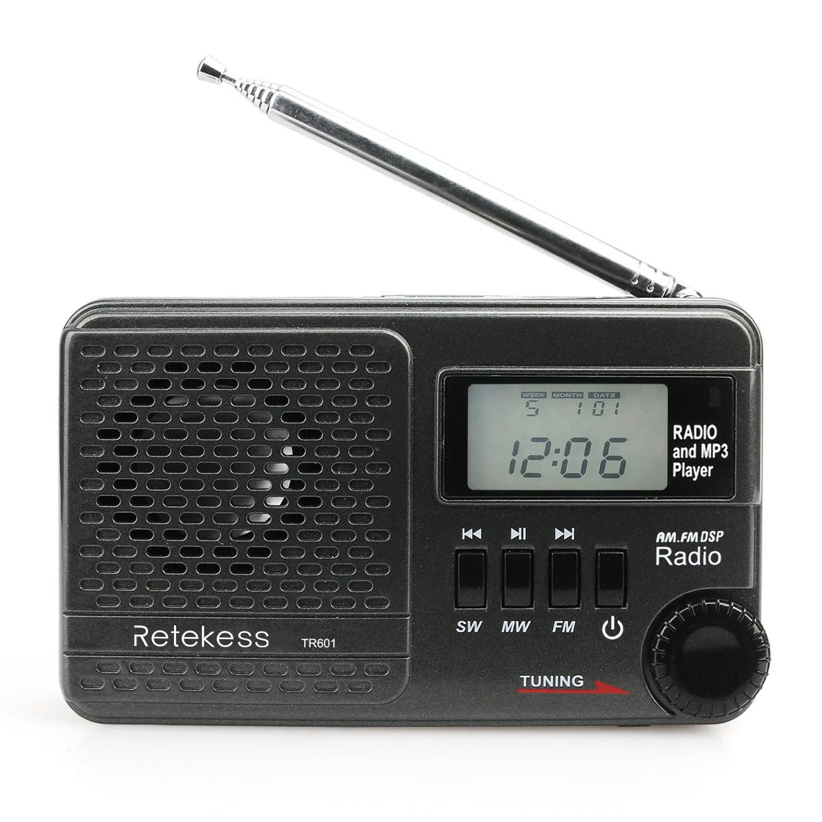 

Retekess TR601 FM/AM/SW Pocket Radio Digital DSP Clock Radio Receiver MP3 Player 9K/10K Tuning Micro SD Card Port USB Input