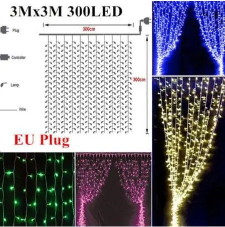 Рождественский светодиодный светильник-Гирлянда для занавесок, 3x3/6x3 м, светодиодный вечерние садовые сцены, открытый водонепроницаемый декоративный Сказочный светильник, 8 режимов - Испускаемый цвет: 3x3m 300leds curturn