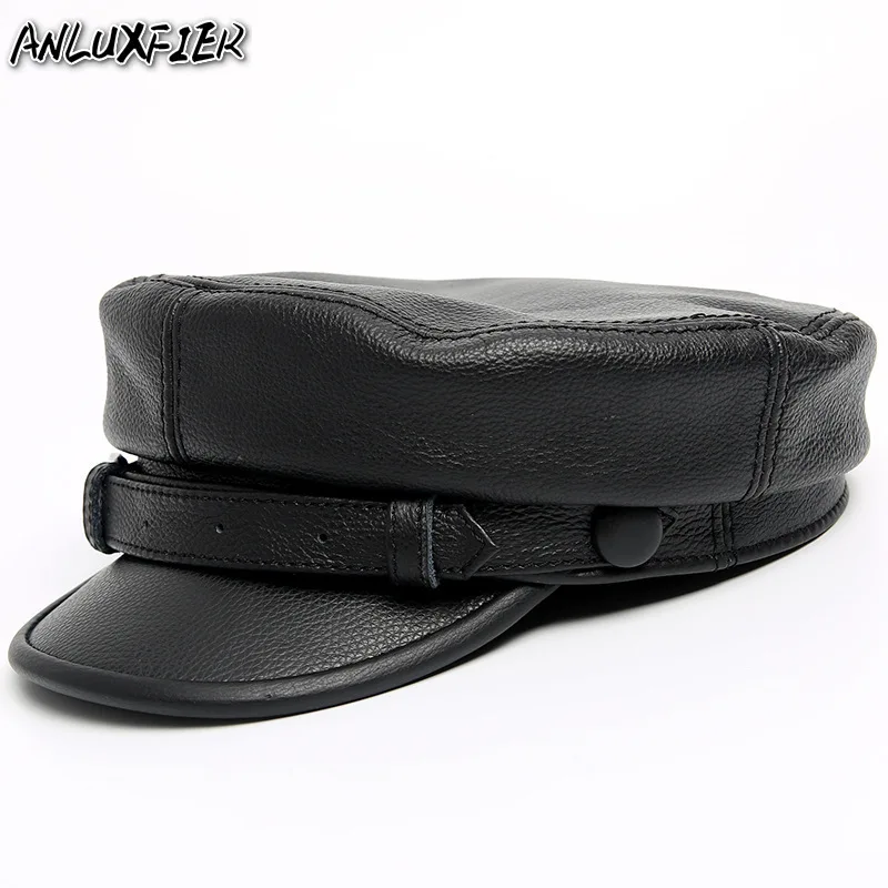 

R003 Adult Natural Leather Hat Men's Fashion Baseball Caps Lady Navy Hat Cowhine Fashion Flat Top Cap 2 Color Adjustable Size