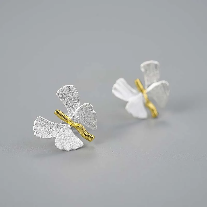 Leaf Butterfly Stud Earrings 925 Sterling Silver - Image 4