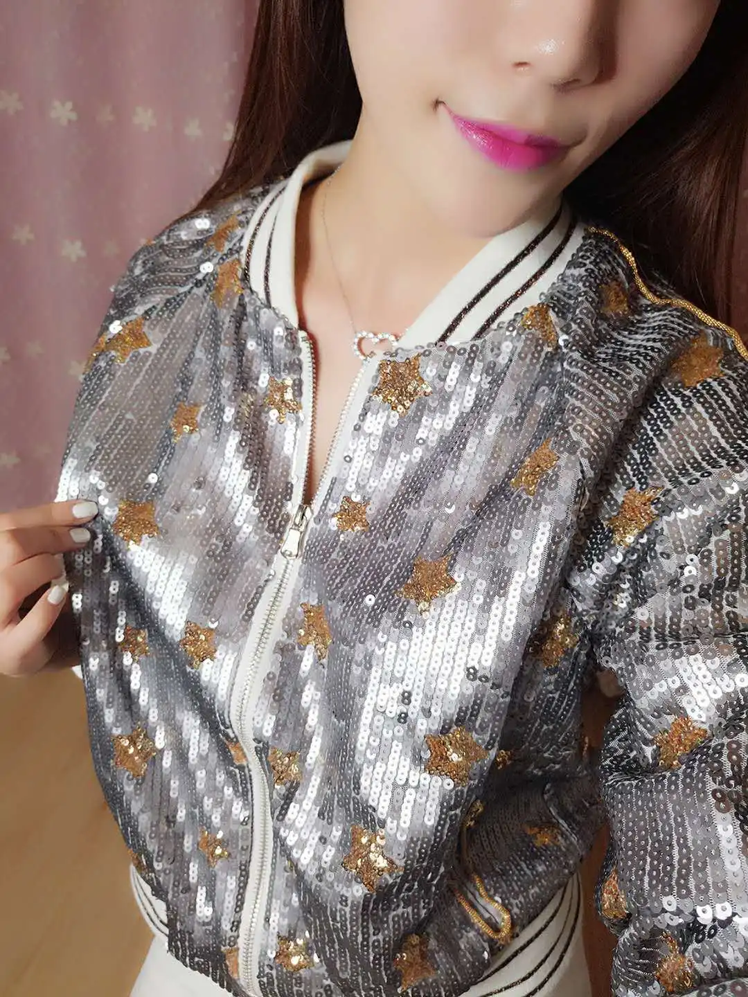 

World to Taste the Qing Huan Autumn Europe And America Short Coat WOMEN'S Jacket Shiny Star Embroidered Baseball Uniform Coat