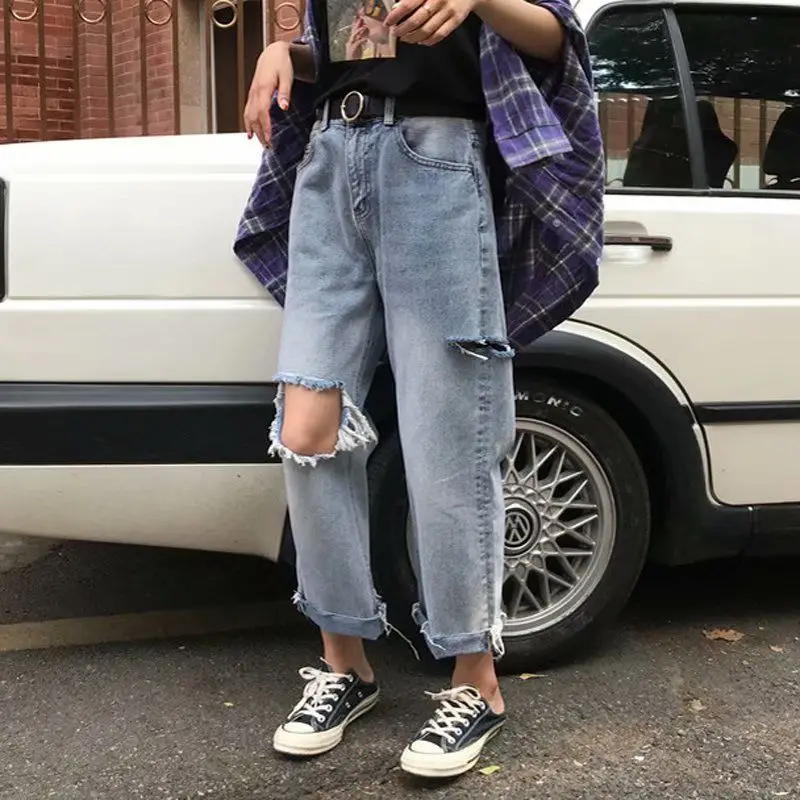 Carrot pants straight high street torn hole jeans women's high waist women's casual loose oversized hole large size daddy pants stylish fake two piece jeans women patchwork daddy pants female baggy jeans american fashion vintage denim pants trousers street