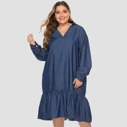 С длинным рукавом v-образным вырезом плиссированное платье для женщин Осень Досуг Мода одноцветное джинсовое платье свободного размера