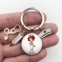 

Paint Fashion Creative Nurse Medical Syringe Stethoscope Image Keychain Glass Suitable Nurses and Doctors Key Ring Pendant Gift