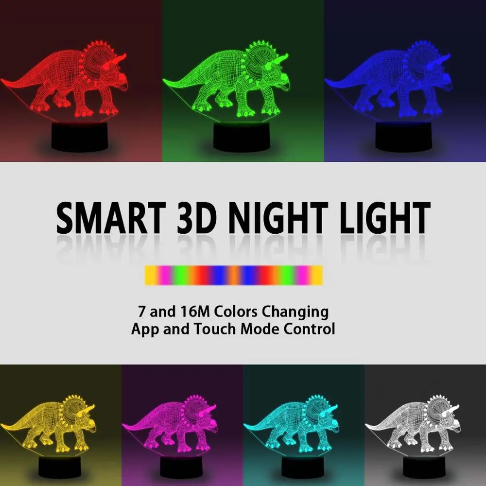 NiteApps 3D Triceratops Dinosaur RGB LED Night Light Desk Table Illusion Lamp Holiday Birthday Gift APP/Touch Control