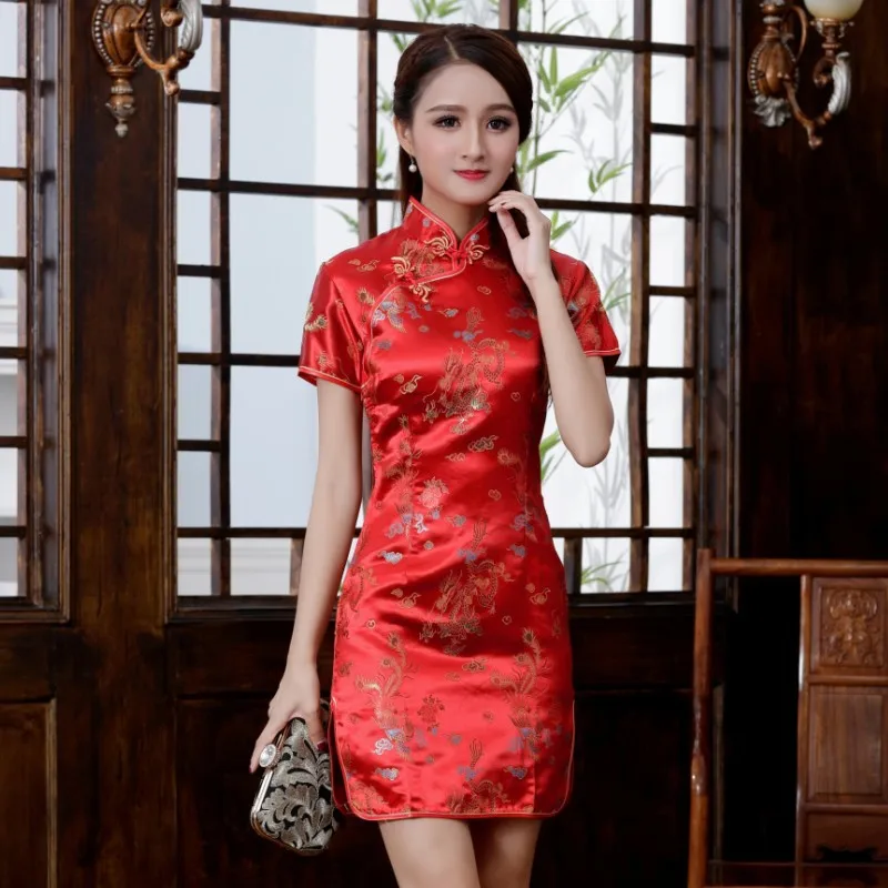 Chinese Red Qipao Oriental Styled Dresses Satin Chinese Style Silk Dress
