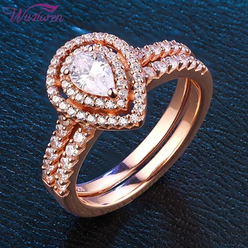 

Wuziwen 2 Pcs 925 Sterling Silver Rose Gold Color Engagement Ring Wedding Band For Women Halo Pear Shape Teardrop Zircon BR0912
