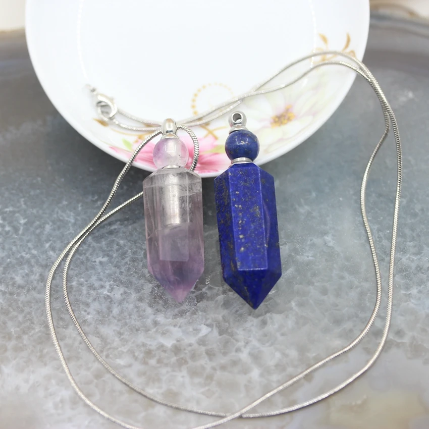 

Light Amethysts Hexagon prism Perfume Bottle Necklace Pendant,Cut Lapis Lazuli Points Essential Oil Diffuser Vial Charms Jewelry