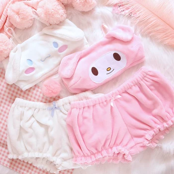 

Cute Pink and White Kwaii Velvet Tube Top and Panties Set for Girls Adorable Underwear Anime Long Ear Doggy Bra and Bloomers