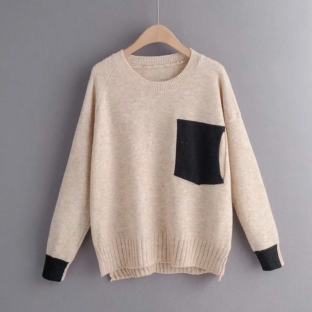 Beige Pullovers Вязаный женский свитер, Модный пуловер с круглым вырезом, поддельный карман, трикотажная одежда неправильной формы, вязаный женский свитер-пуловер, свободный джемпер для женщин - Цвет: Beige Pullovers