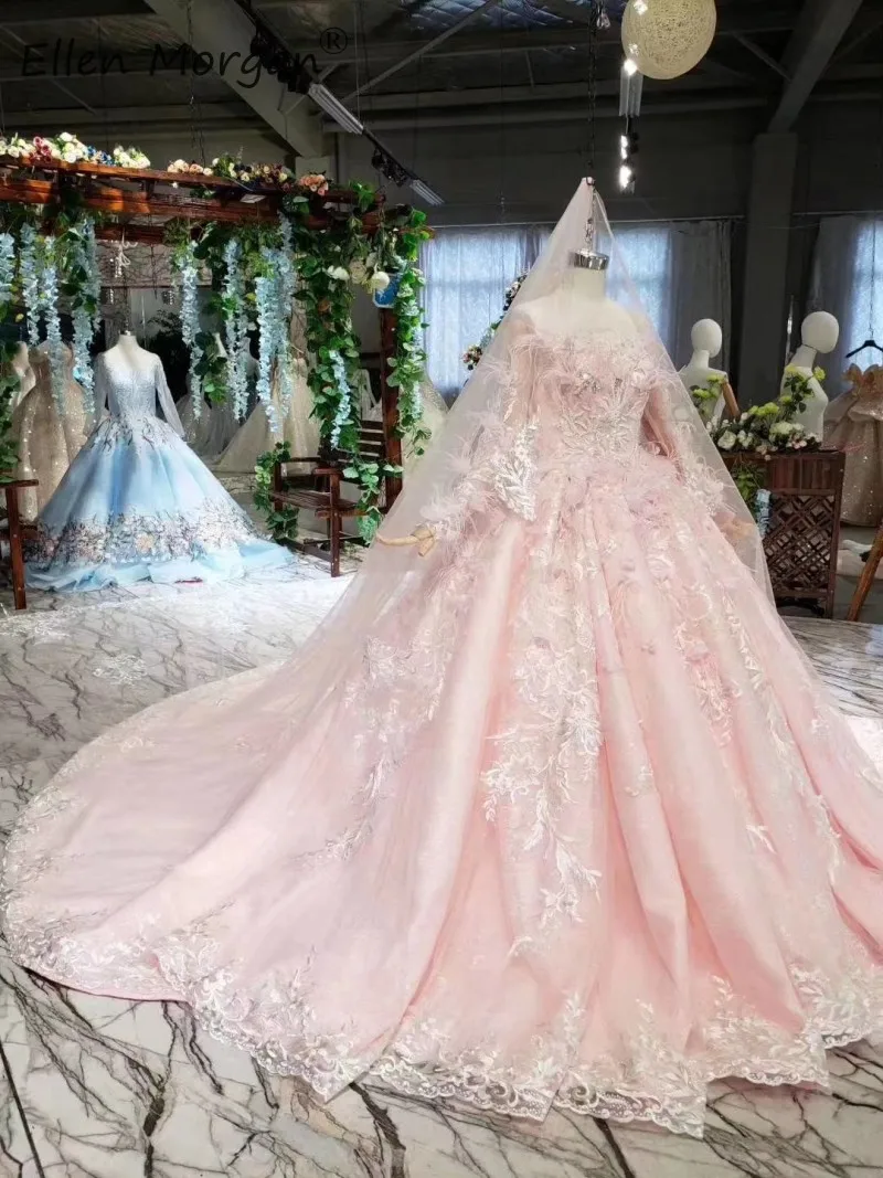 Vestidos De Novia, розовые Бальные платья с длинными рукавами для невесты, роскошные кружевные свадебные платья с перьями, украшенные бисером и круглым вырезом