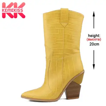 

KemeKiss Plus Size 33-46 Women Mid Calf Boots Winter Add Fur Stone Pattern Fashion Warm Heel Boots European Style Designer Shoes