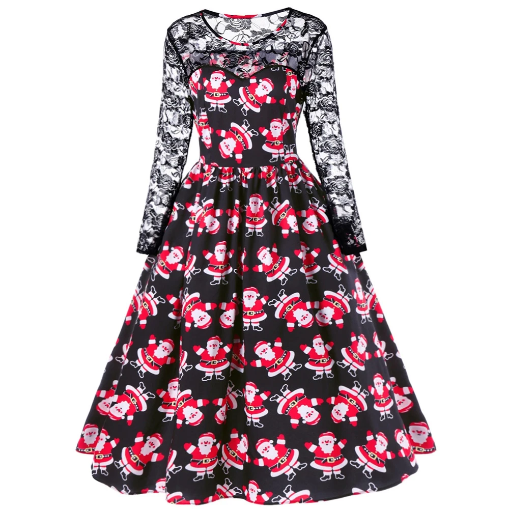 

Father Christmas Print Lace Panel Dress