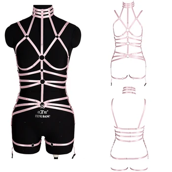 

Pink Strappy Harness Bra Set Full Hollow Out Body Cross Cage Bra Cupless Adjust Lingerie Fetish Gothic Plus Size Gothic Rave